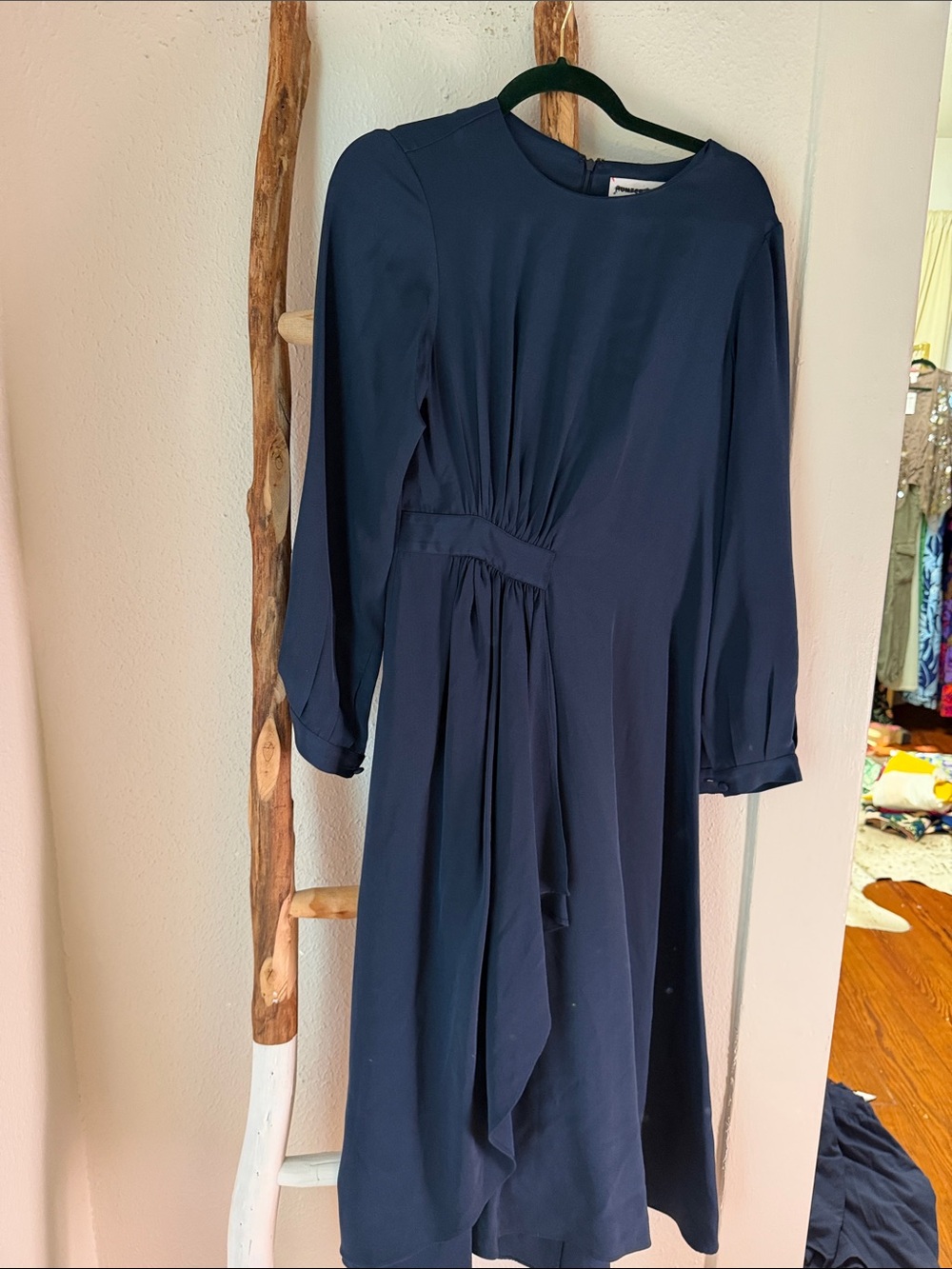 HUNTER BELL Navy Long-Sleeve Gathered Waist Silk Maxi Dress Minimalist Size 6 M